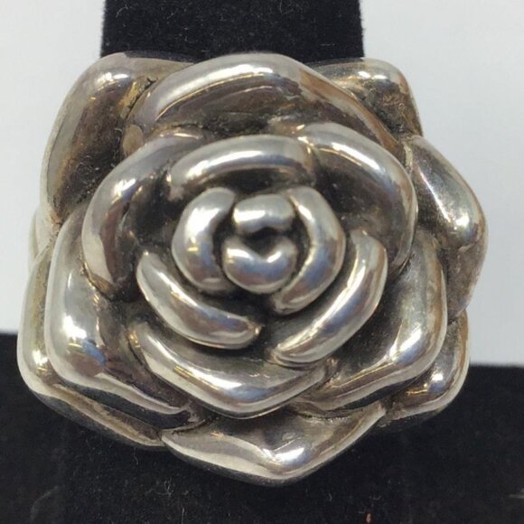 Vintage Jewelry - Vintage Rose Ring, 925, Hallmarked, Statement Silver Flower Rose, Size 7.25